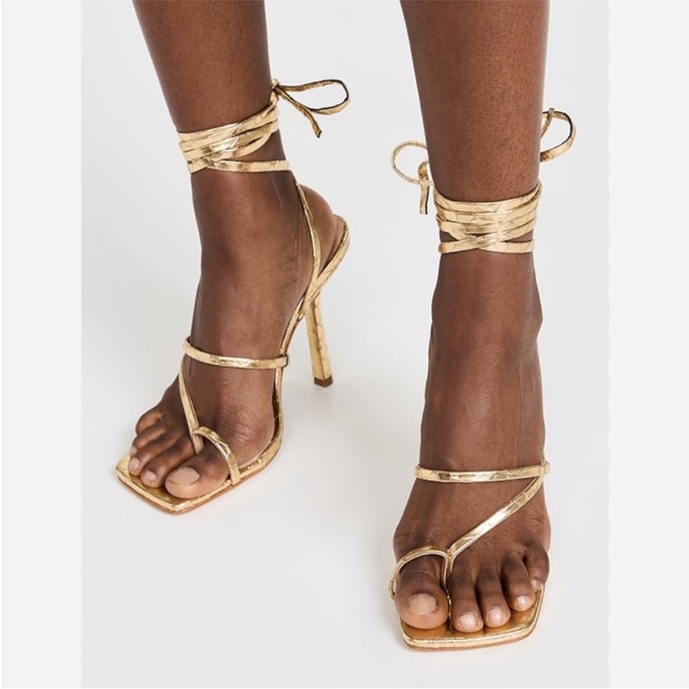 Schutz Krist heel Sandals metallic gold finish 7 tie ankle animal print embossed